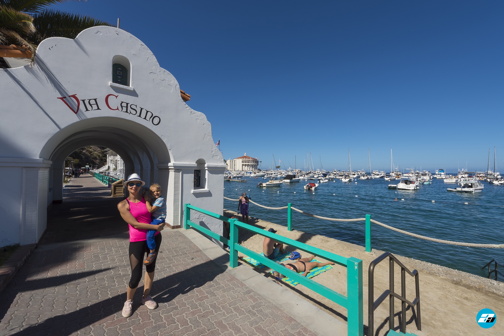 Catalina Island, Chanel Islands National Park, California, Casino View. Pier View. Small Beach. Mother and son. Family.