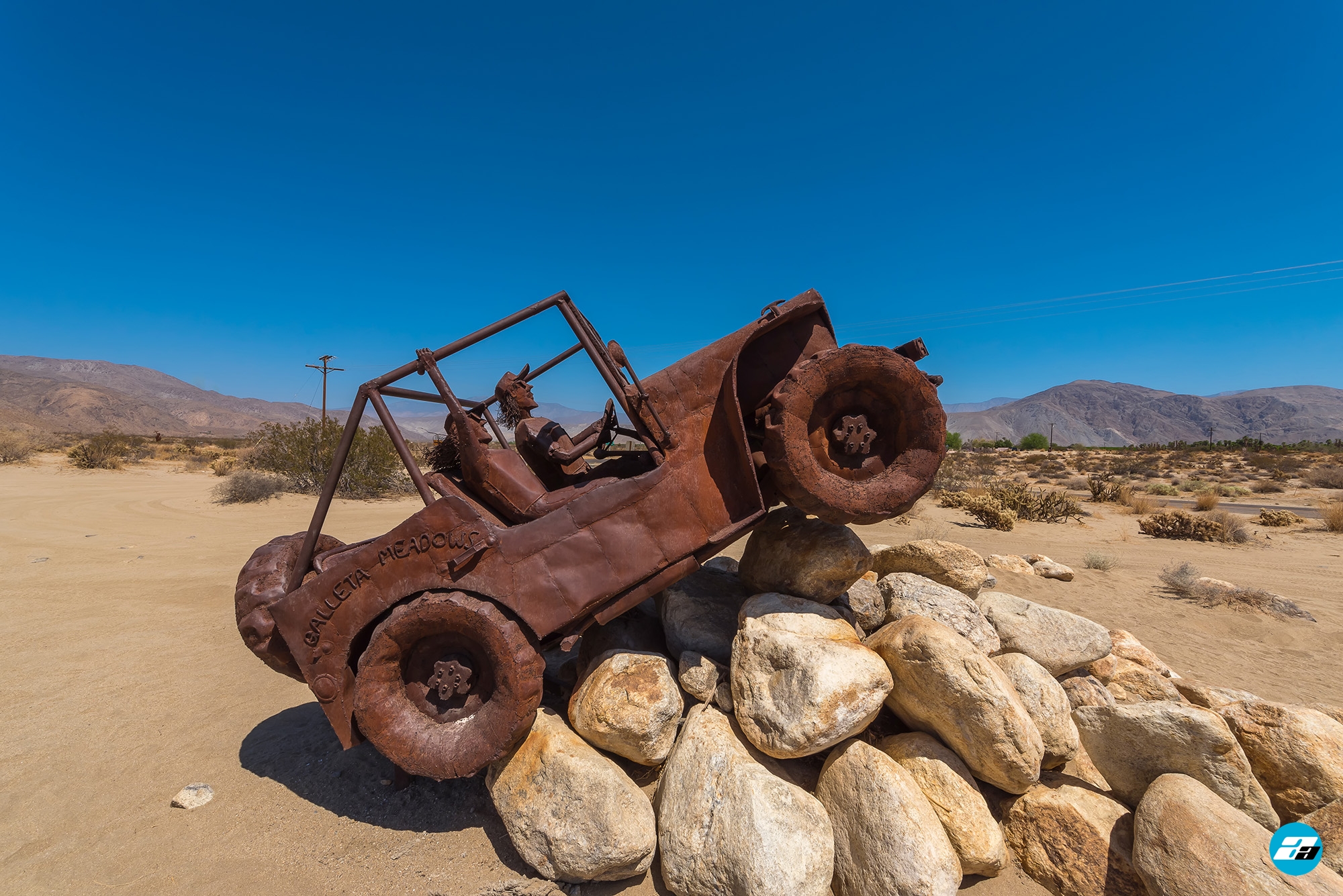 Anza-Borrego Desert, California, USA. Galleta Meadows. Metal Jeep. Ricardo Breceda Sculptures