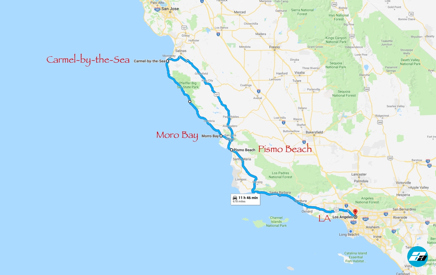 LA to Big Sur, CArmet-by-the-Sea map. California, Road trip