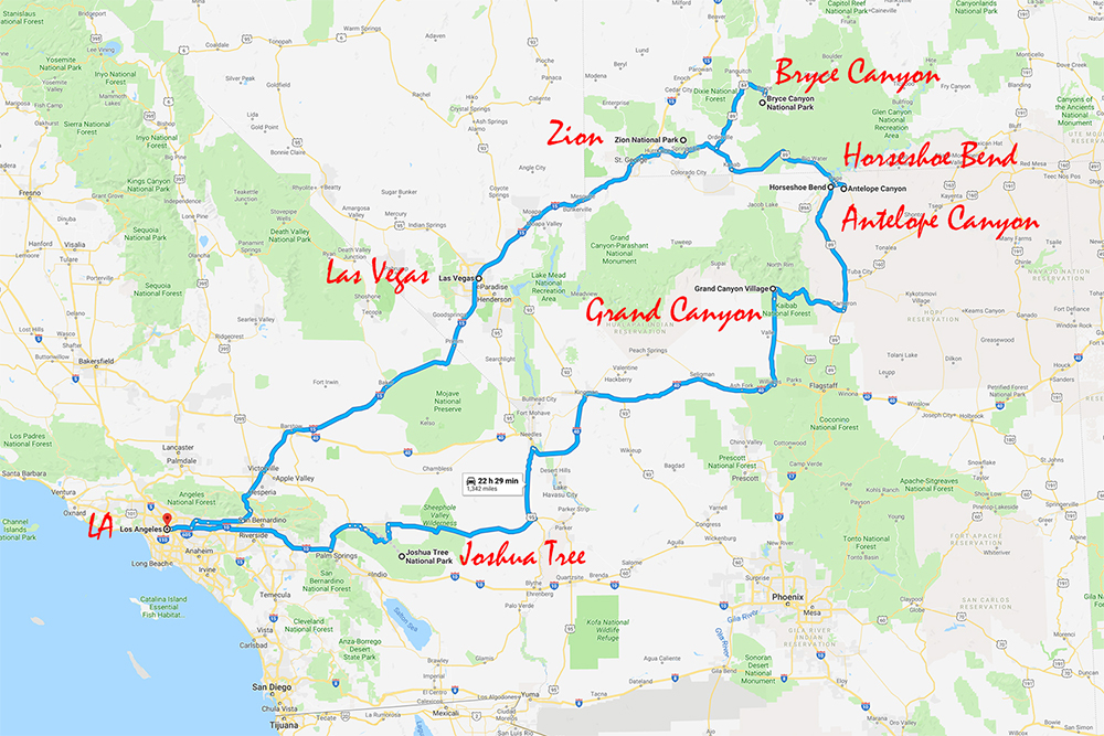 10 day roundtrip LA to Bryce Canyon. Goes through Joshua Tree, Grand Canyon, Horseshoe Bend, Antelope Canyon, Bryce Canyon, Zion and Las Vegas
